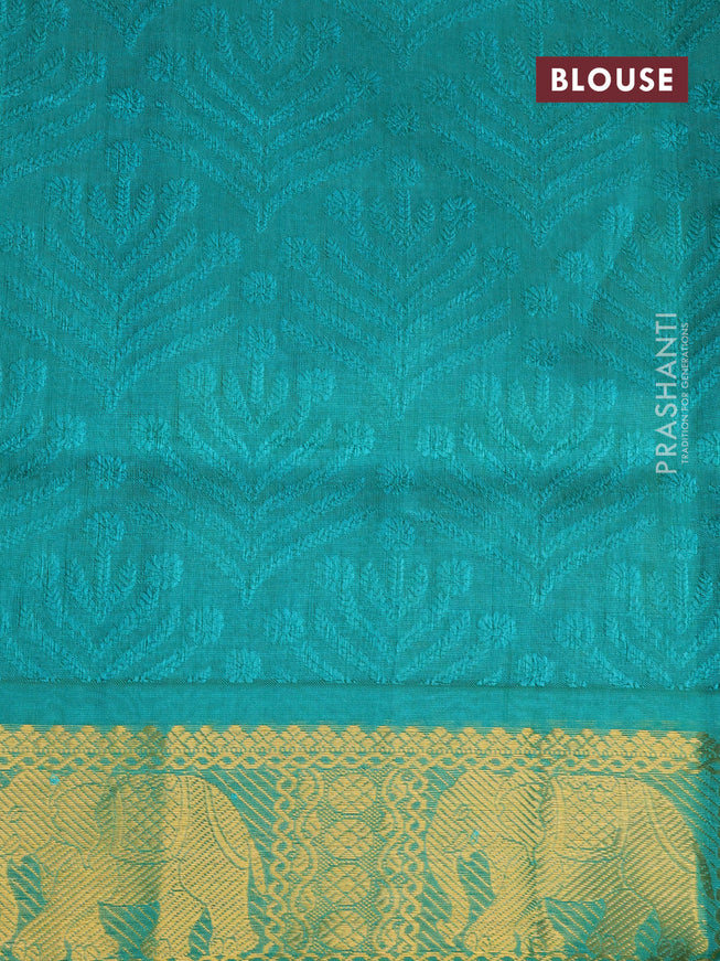 Silk cotton saree dark mustard yellow and green with allover self emboss jacquard and elephant zari woven border