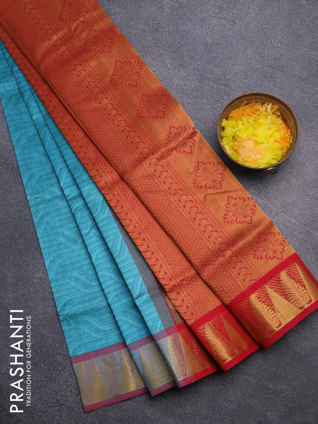 Silk cotton saree blue shade and red with allover self emboss jacquard and rich zari woven border