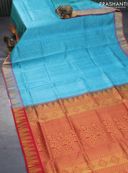 Silk cotton saree blue shade and red with allover self emboss jacquard and rich zari woven border