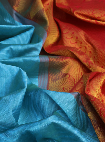 Silk cotton saree blue shade and red with allover self emboss jacquard and rich zari woven border