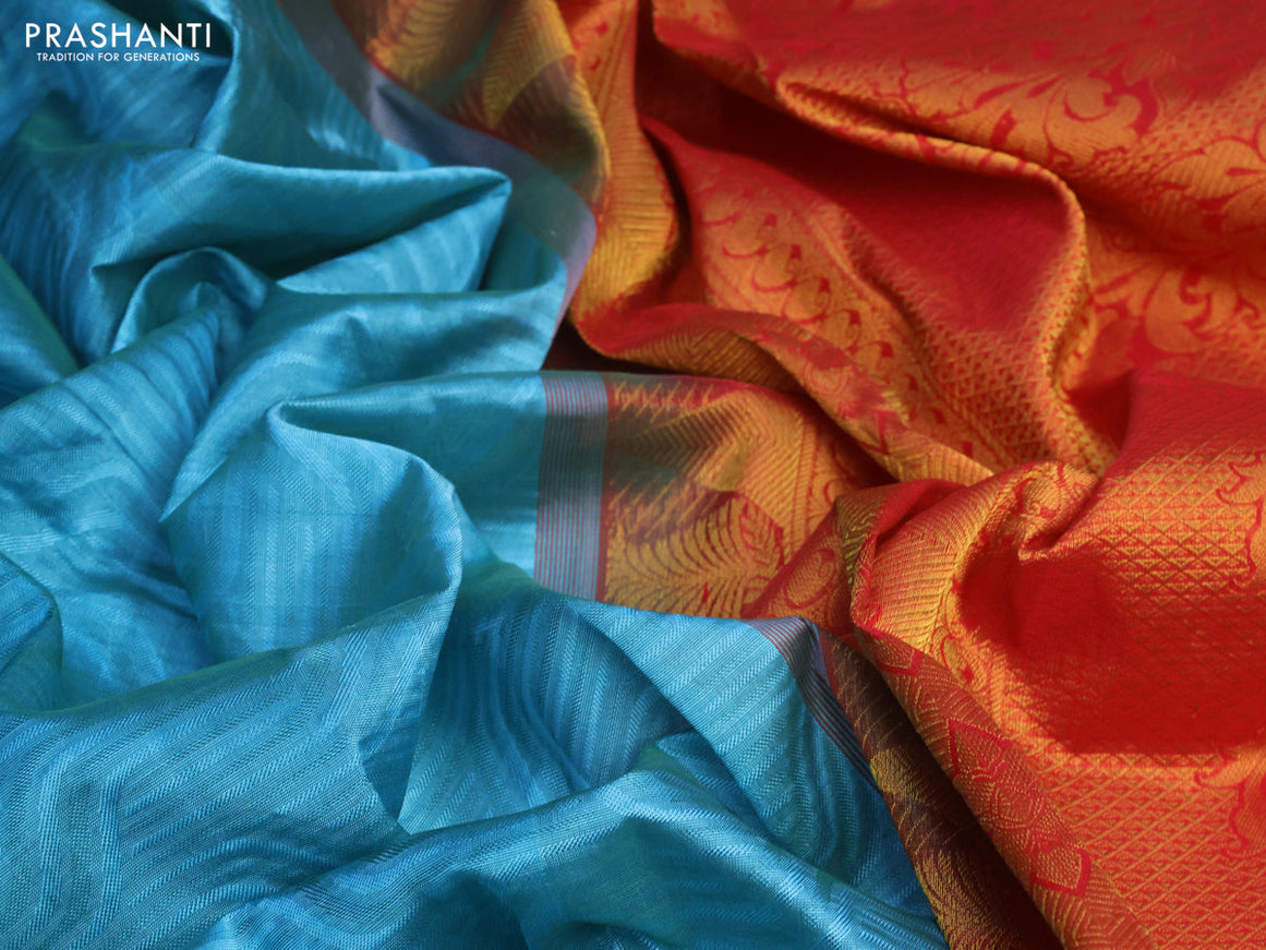 Silk cotton saree blue shade and red with allover self emboss jacquard and rich zari woven border