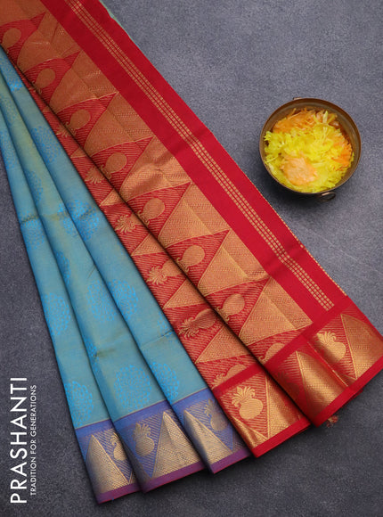 Silk cotton saree dual shade of bluish yellow and red with allover self emboss jacquard and rich zari woven border