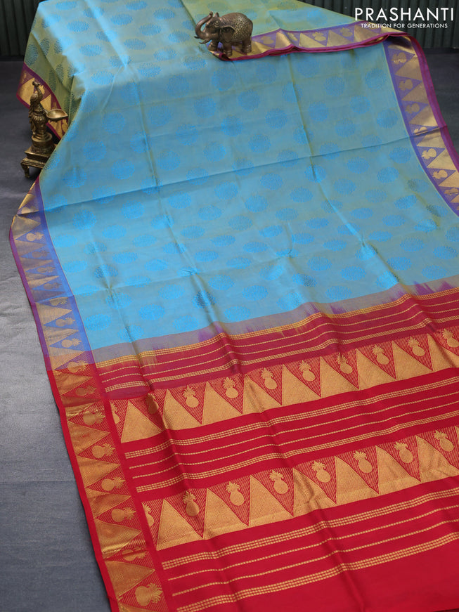 Silk cotton saree dual shade of bluish yellow and red with allover self emboss jacquard and rich zari woven border