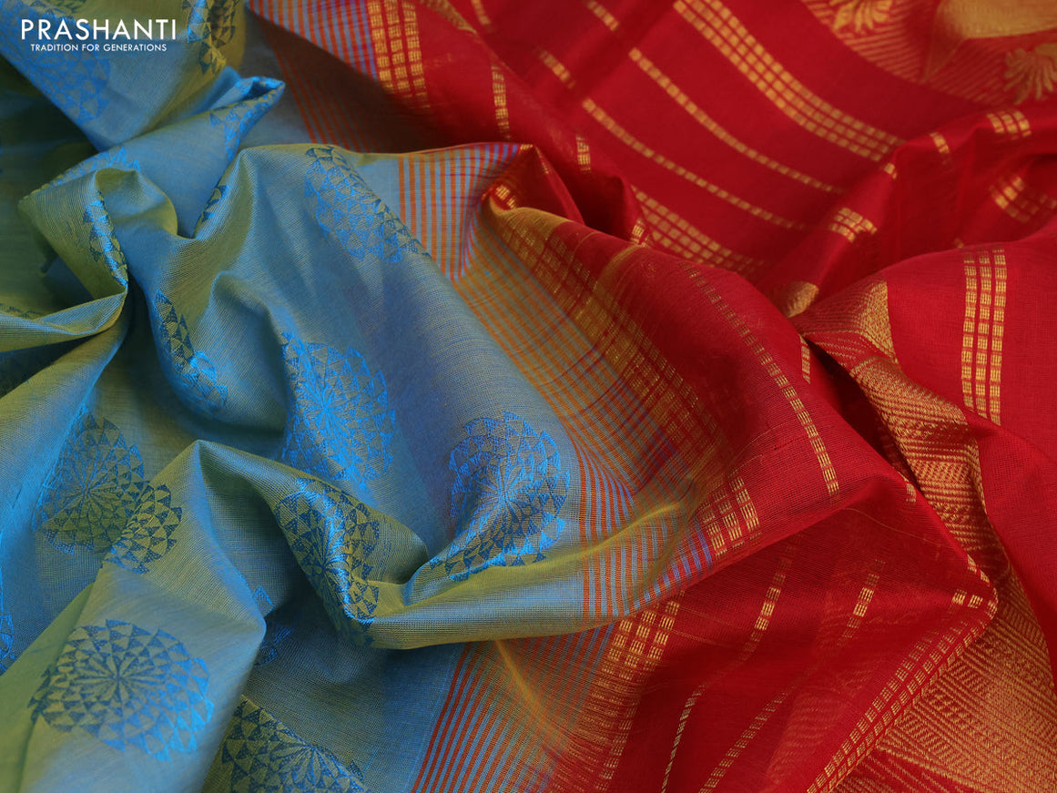 Silk cotton saree dual shade of bluish yellow and red with allover self emboss jacquard and rich zari woven border