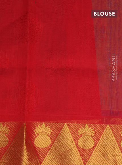 Silk cotton saree dual shade of bluish yellow and red with allover self emboss jacquard and rich zari woven border