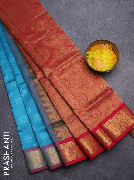 Silk cotton saree dual shade of blue and pink with allover self emboss jacquard and annam & elephant zari woven border