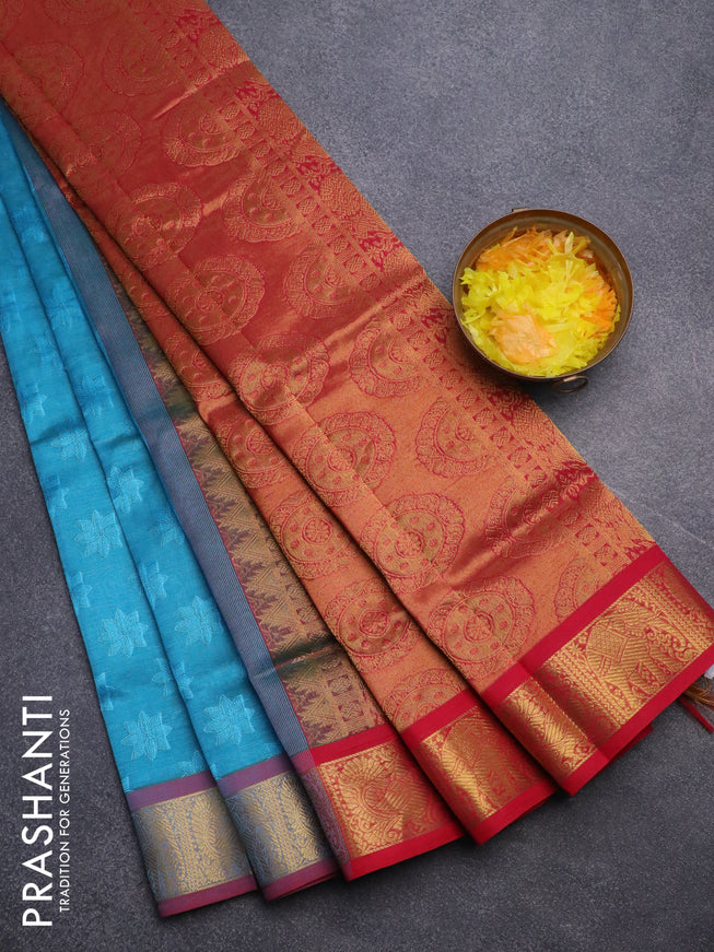 Silk cotton saree dual shade of blue and pink with allover self emboss jacquard and annam & elephant zari woven border