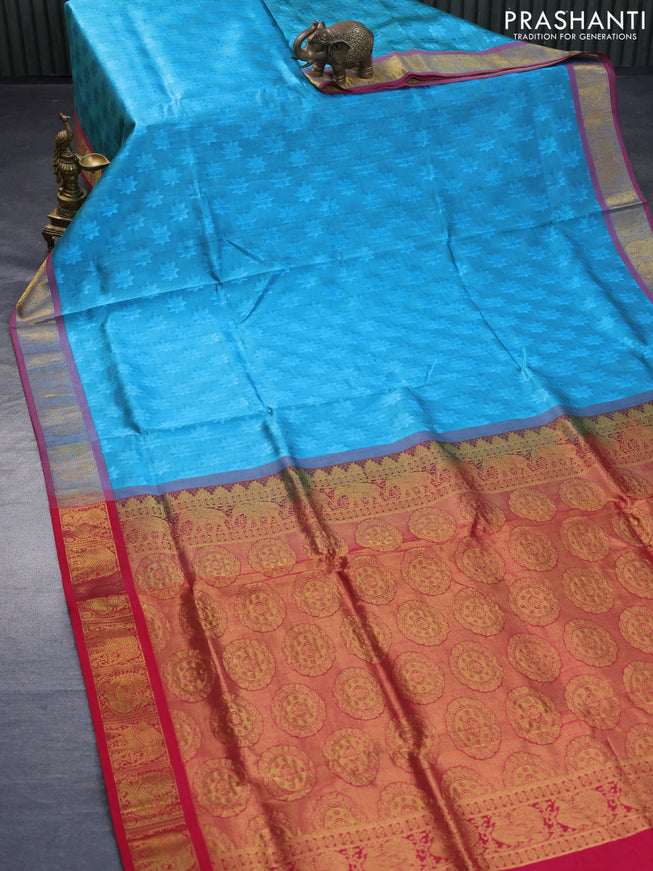 Silk cotton saree dual shade of blue and pink with allover self emboss jacquard and annam & elephant zari woven border