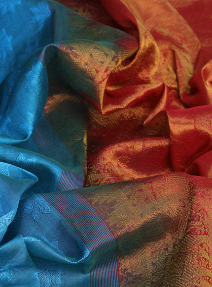 Silk cotton saree dual shade of blue and pink with allover self emboss jacquard and annam & elephant zari woven border