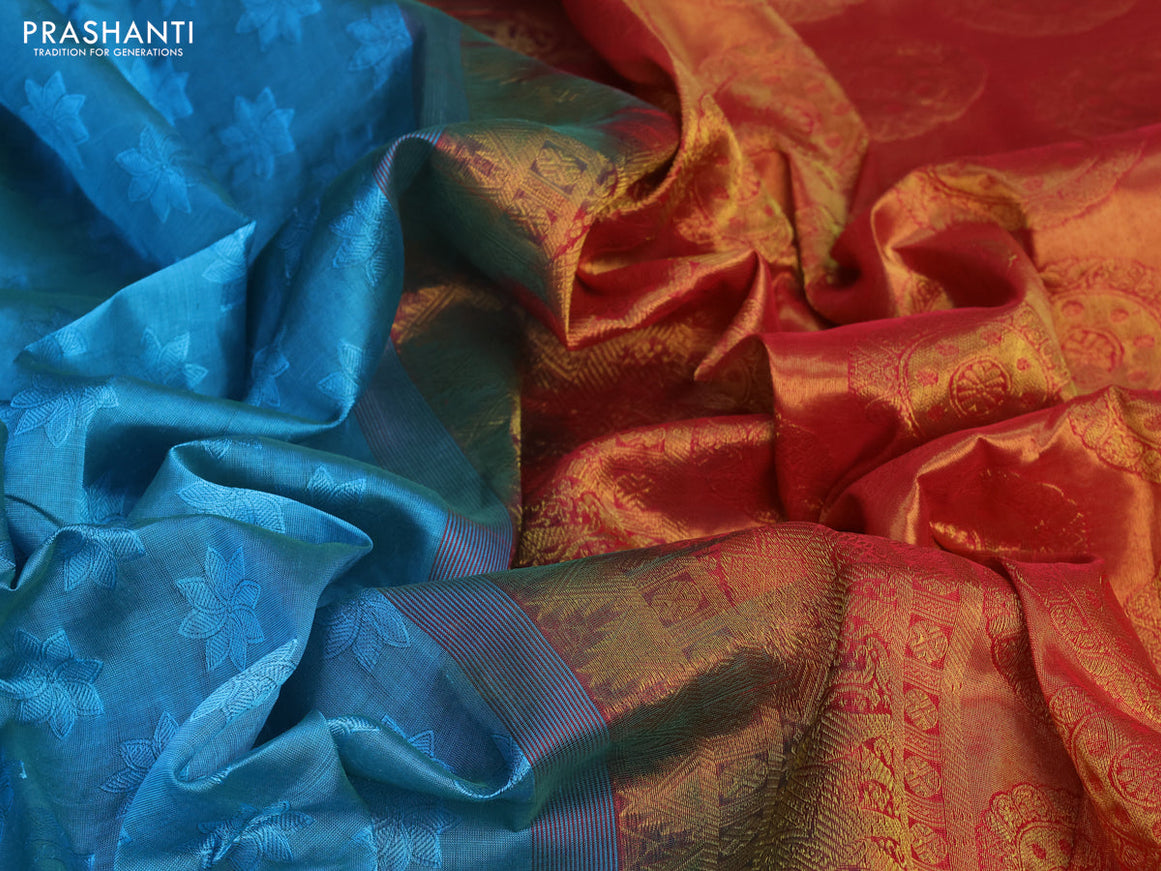 Silk cotton saree dual shade of blue and pink with allover self emboss jacquard and annam & elephant zari woven border