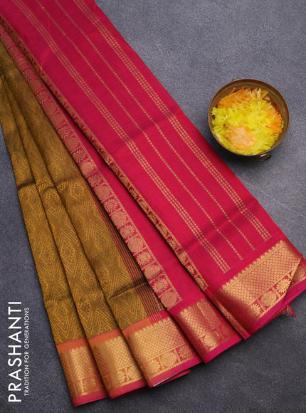 Silk cotton saree dark mustard yellow and magenta pink with allover self emboss jacquard and rich zari woven border