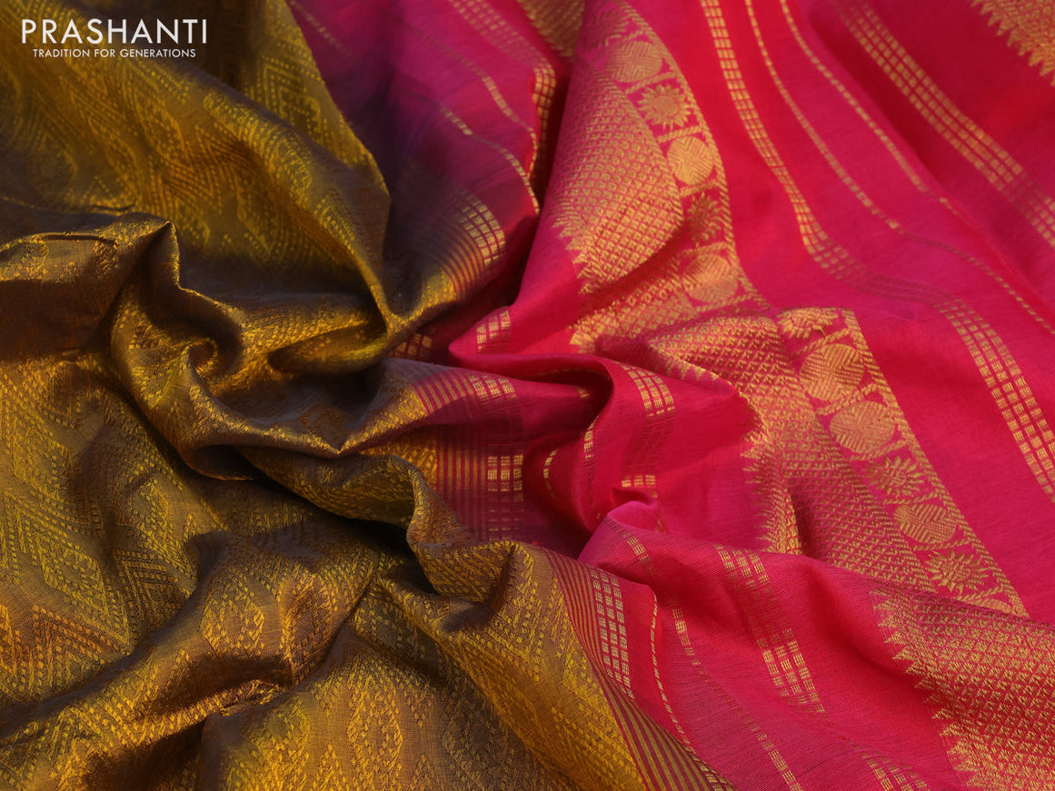 Silk cotton saree dark mustard yellow and magenta pink with allover self emboss jacquard and rich zari woven border