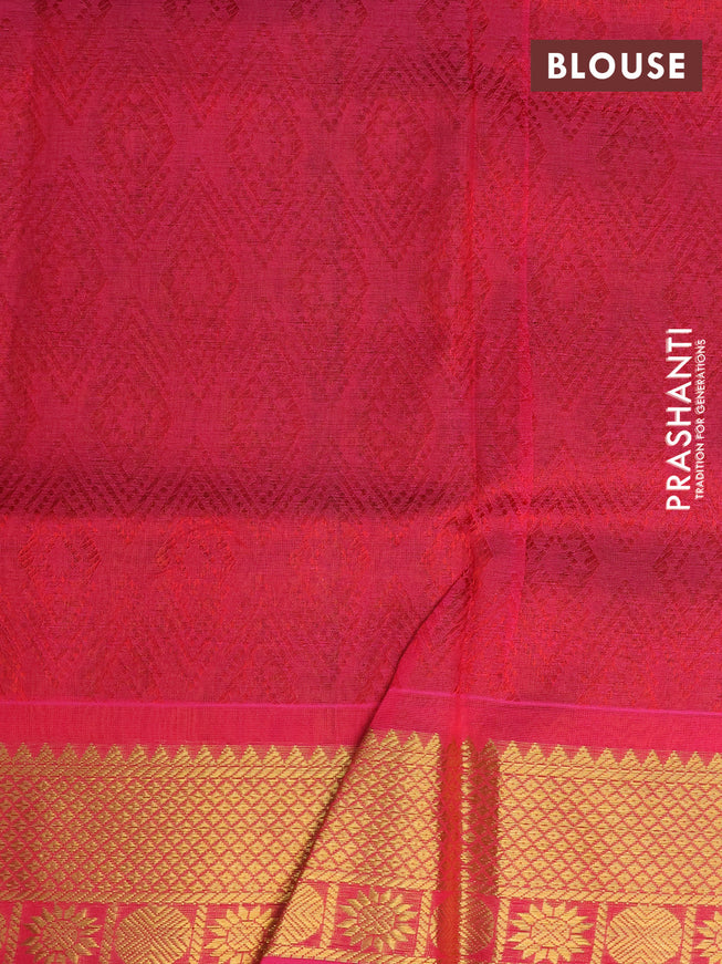 Silk cotton saree dark mustard yellow and magenta pink with allover self emboss jacquard and rich zari woven border