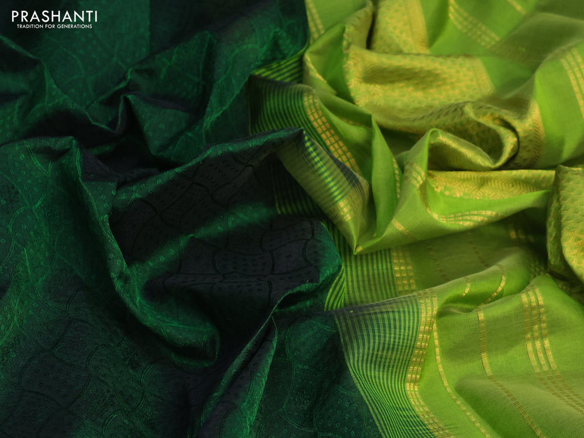 Silk cotton saree bottle green and light green with allover self emboss jacquard and rich zari woven border