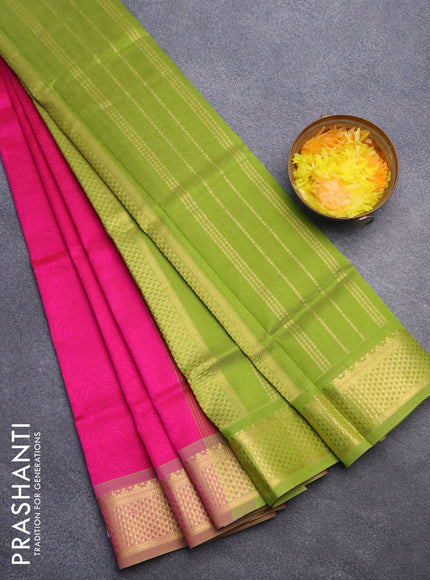 Silk cotton saree magenta pink and light green with allover self emboss jacquard and rich zari woven border