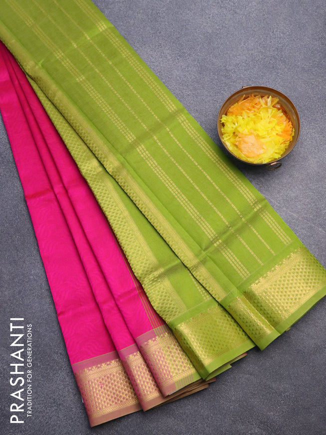 Silk cotton saree magenta pink and light green with allover self emboss jacquard and rich zari woven border