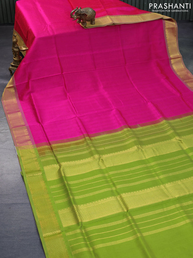 Silk cotton saree magenta pink and light green with allover self emboss jacquard and rich zari woven border