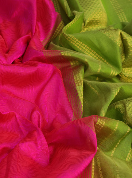 Silk cotton saree magenta pink and light green with allover self emboss jacquard and rich zari woven border