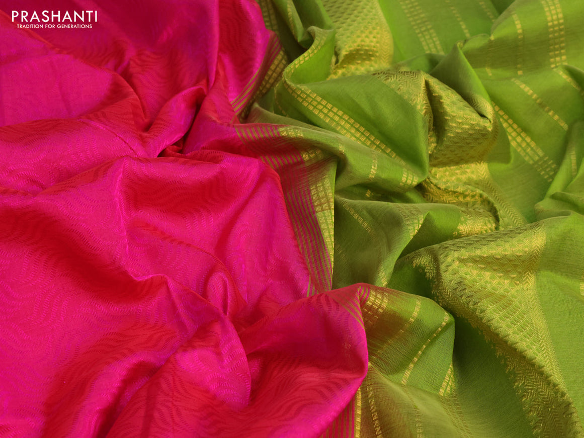 Silk cotton saree magenta pink and light green with allover self emboss jacquard and rich zari woven border