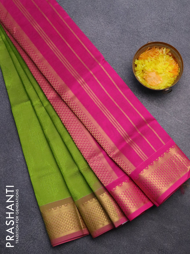 Silk cotton saree light green and pink with allover self emboss jacquard and rich zari woven border