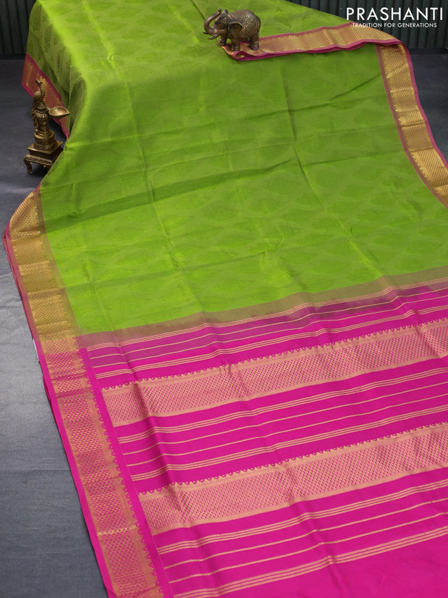 Silk cotton saree light green and pink with allover self emboss jacquard and rich zari woven border