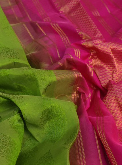 Silk cotton saree light green and pink with allover self emboss jacquard and rich zari woven border