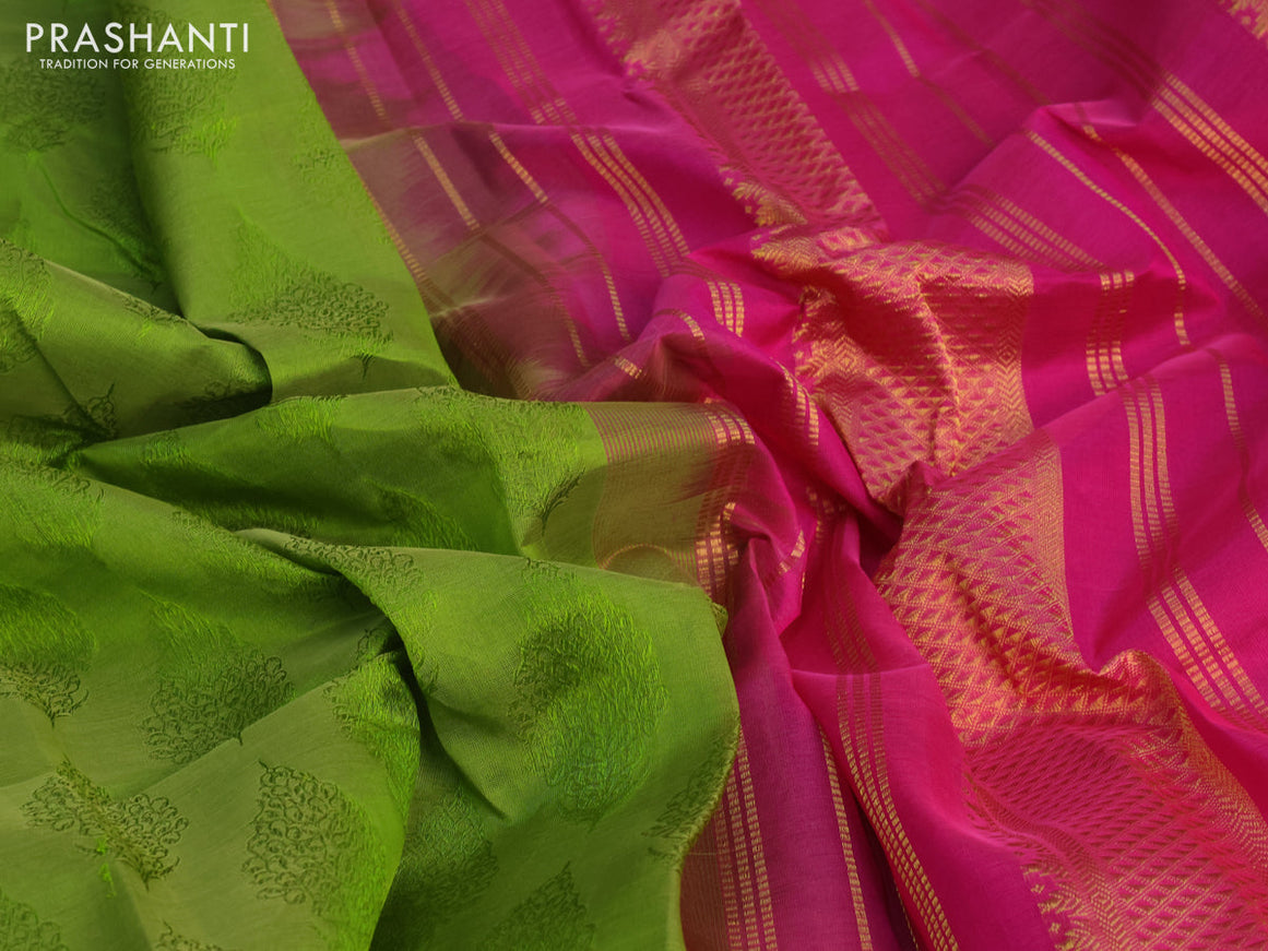 Silk cotton saree light green and pink with allover self emboss jacquard and rich zari woven border