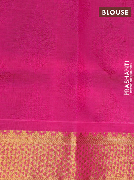 Silk cotton saree light green and pink with allover self emboss jacquard and rich zari woven border