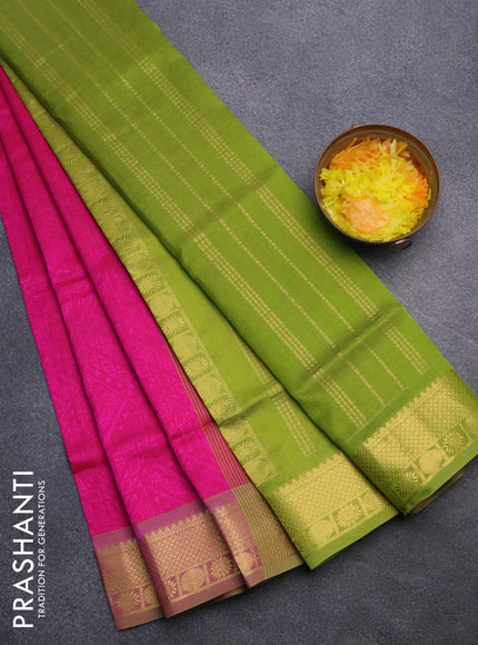 Silk cotton saree pink and mehendi green with allover self emboss jacquard and rich zari woven border