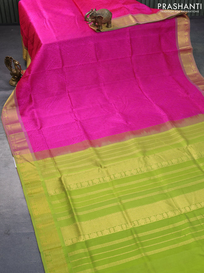 Silk cotton saree pink and mehendi green with allover self emboss jacquard and rich zari woven border