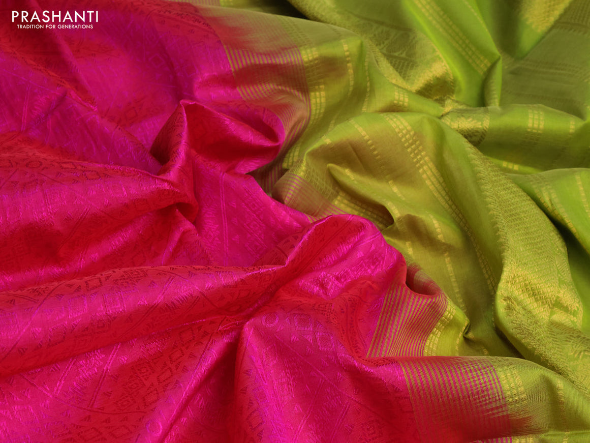 Silk cotton saree pink and mehendi green with allover self emboss jacquard and rich zari woven border