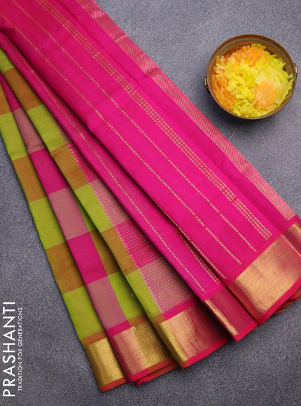 Silk cotton saree light green and pink with allover paalum pazhamum checks & zari buttas and zari woven border