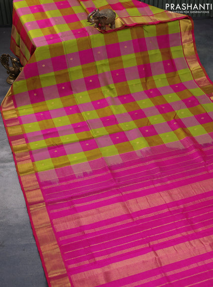 Silk cotton saree light green and pink with allover paalum pazhamum checks & zari buttas and zari woven border