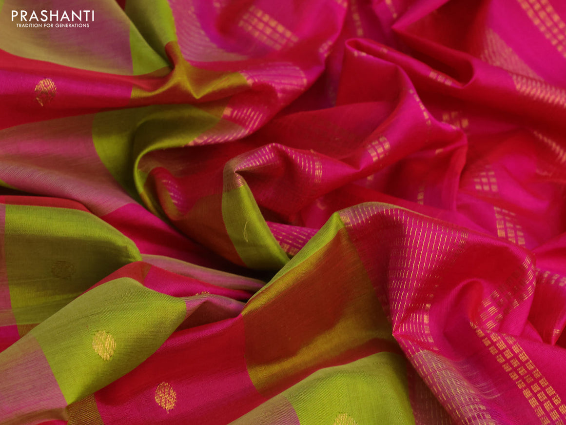 Silk cotton saree light green and pink with allover paalum pazhamum checks & zari buttas and zari woven border