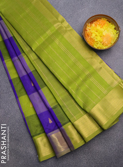 Silk cotton saree blue and light green with allover paalum pazhamum checks & temple zari buttas and zari woven border