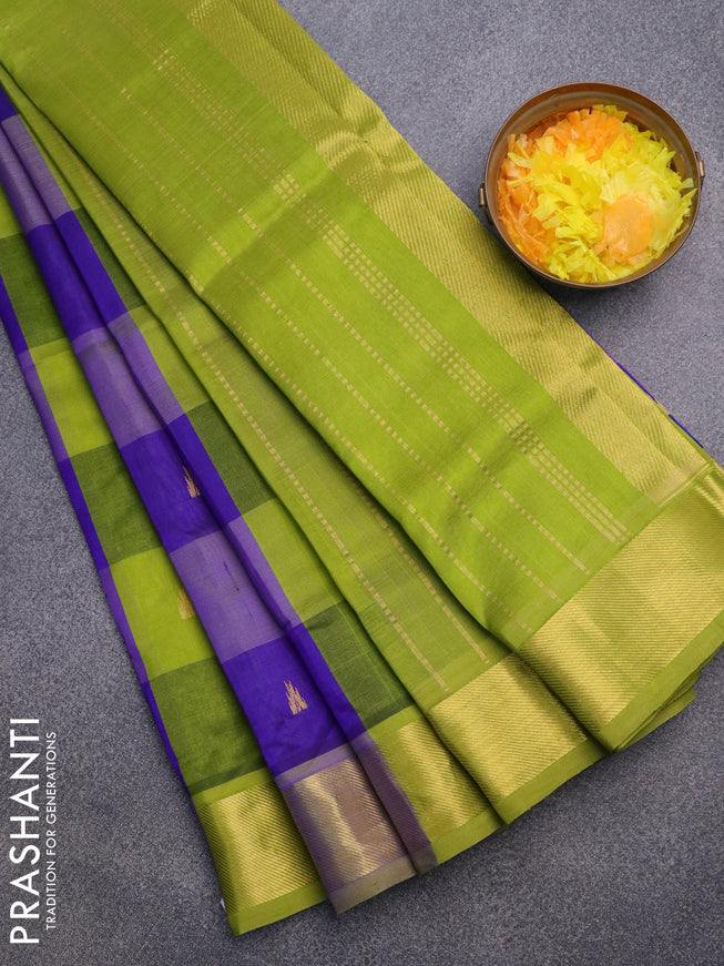 Silk cotton saree blue and light green with allover paalum pazhamum checks & temple zari buttas and zari woven border