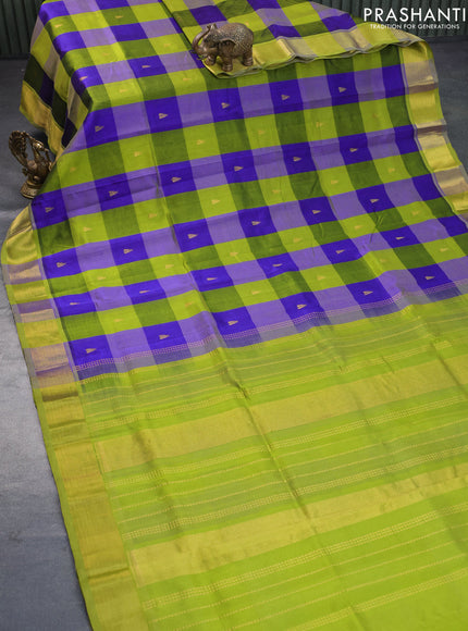 Silk cotton saree blue and light green with allover paalum pazhamum checks & temple zari buttas and zari woven border