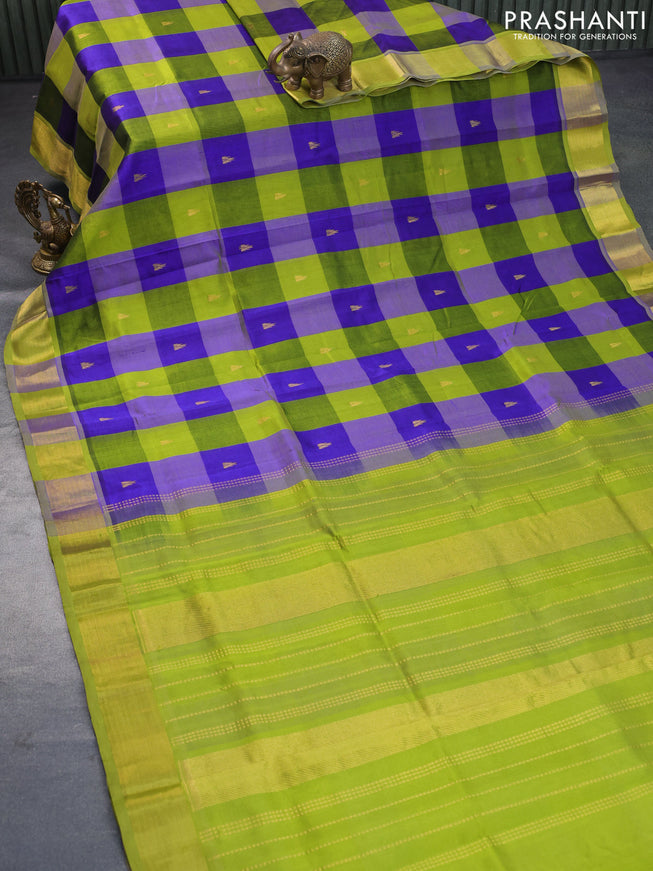 Silk cotton saree blue and light green with allover paalum pazhamum checks & temple zari buttas and zari woven border