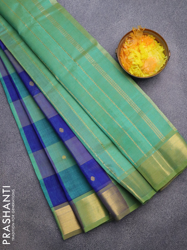 Silk cotton saree green shade and blue with allover paalum pazhamum checks & zari buttas and zari woven border