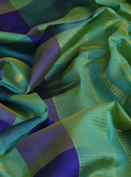 Silk cotton saree green shade and blue with allover paalum pazhamum checks & zari buttas and zari woven border