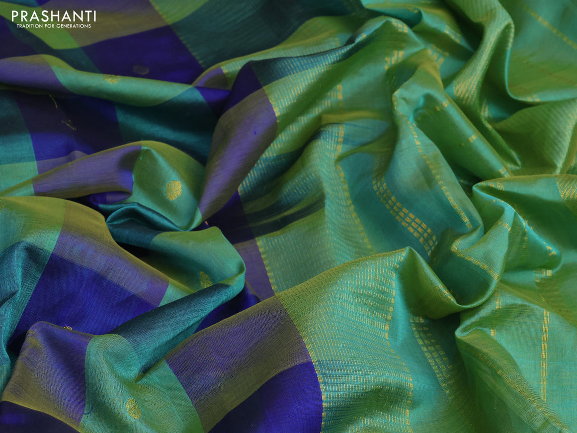 Silk cotton saree green shade and blue with allover paalum pazhamum checks & zari buttas and zari woven border