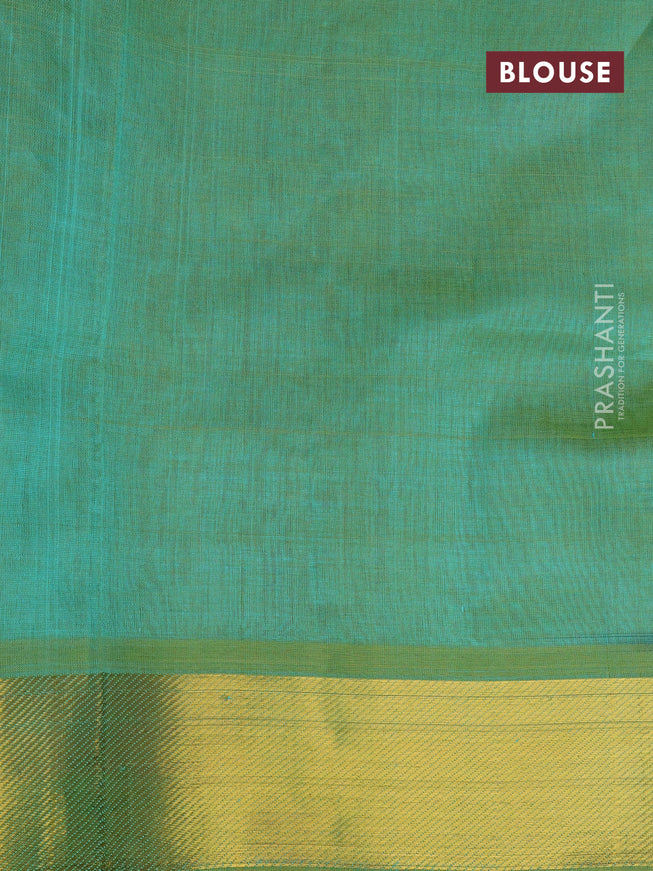 Silk cotton saree green shade and blue with allover paalum pazhamum checks & zari buttas and zari woven border