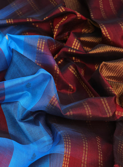 Silk cotton saree cs blue and deep maroon with allover paalum pazhamum checks & zari buttas and zari woven border