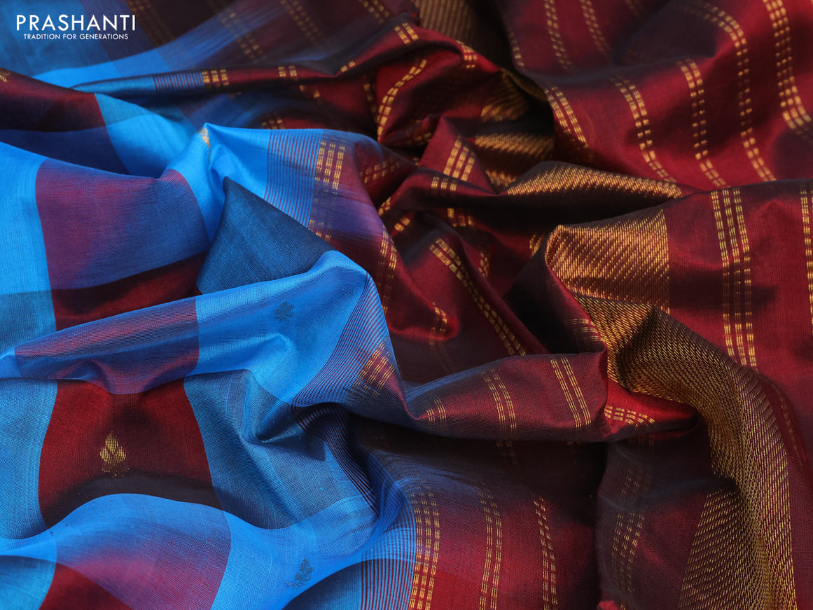 Silk cotton saree cs blue and deep maroon with allover paalum pazhamum checks & zari buttas and zari woven border