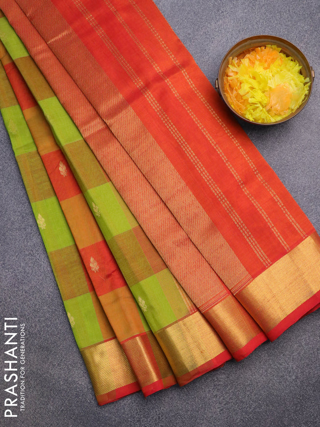 Silk cotton saree light green and orange with allover paalum pazhamum checks & zari buttas and zari woven border