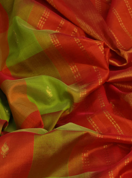 Silk cotton saree light green and orange with allover paalum pazhamum checks & zari buttas and zari woven border