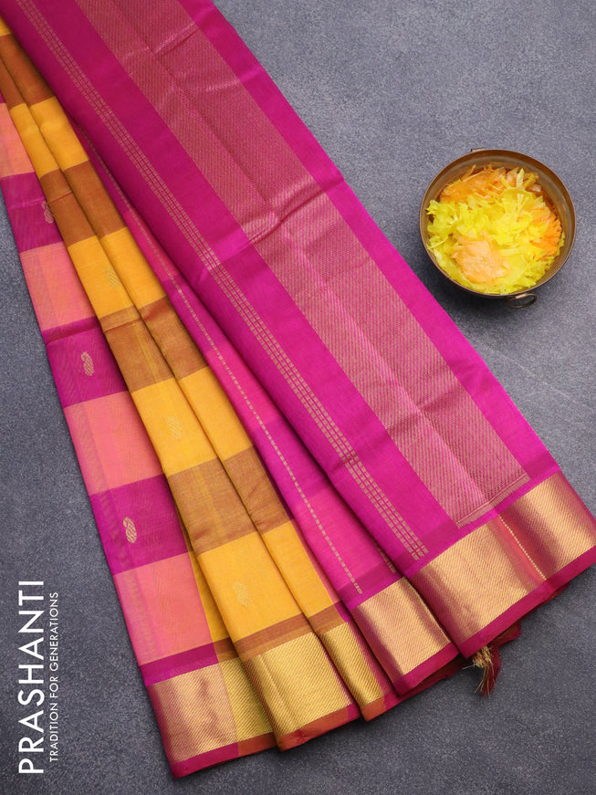 Silk cotton saree yellow and magenta pink with allover paalum pazhamum checks & paisley zari buttas and zari woven border