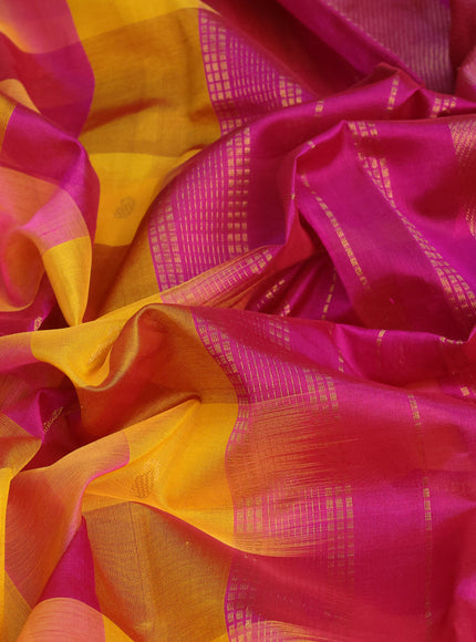 Silk cotton saree yellow and magenta pink with allover paalum pazhamum checks & paisley zari buttas and zari woven border