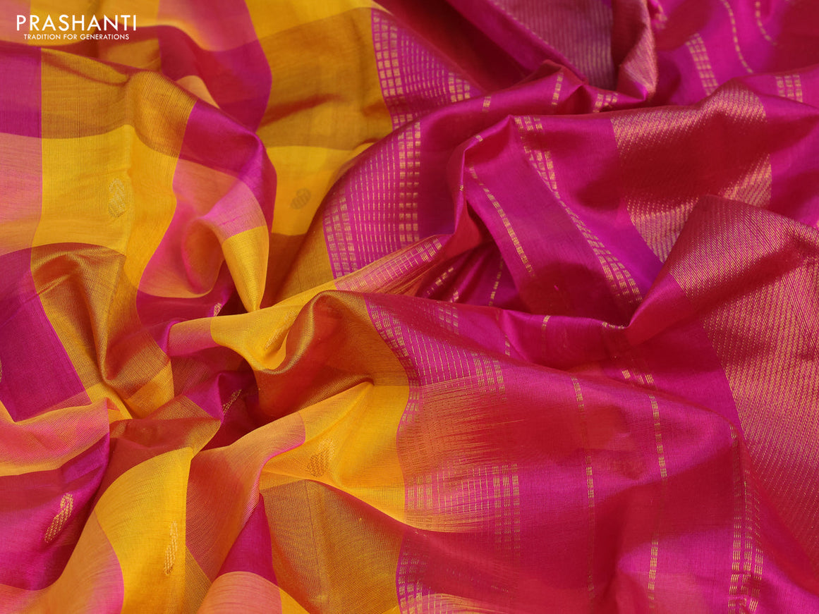 Silk cotton saree yellow and magenta pink with allover paalum pazhamum checks & paisley zari buttas and zari woven border