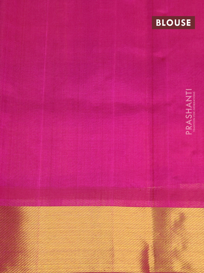 Silk cotton saree yellow and magenta pink with allover paalum pazhamum checks & paisley zari buttas and zari woven border